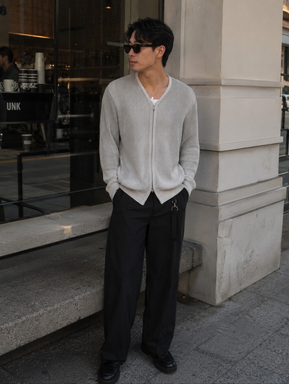 AllSaints Ribbed Zip Cardigan Mens Medium Gray Minimalist Sweater